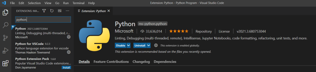 Python on visual studio code